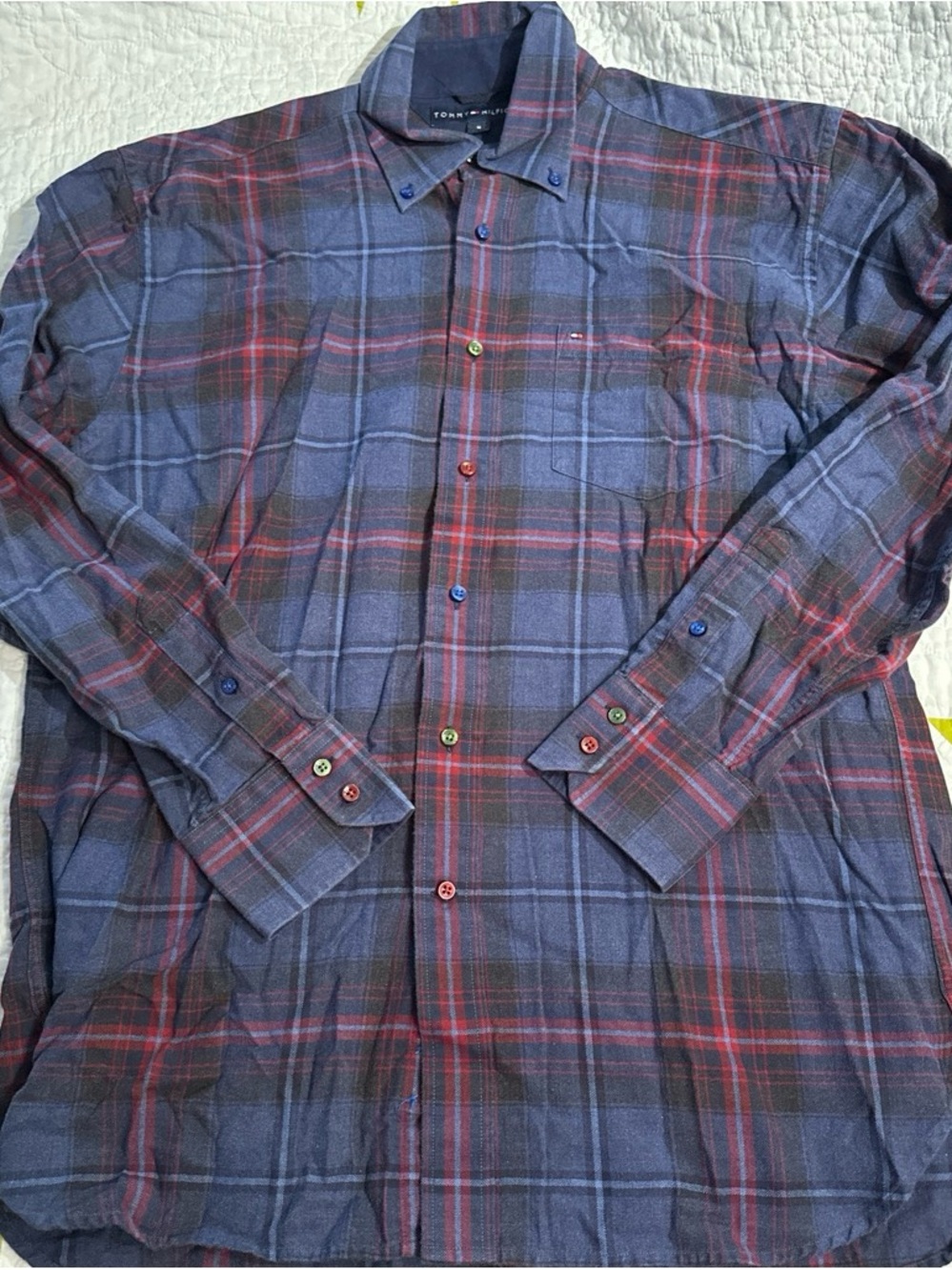 Tommy Hilfiger Men's Navy and Red Plaid Button-Down Shirt